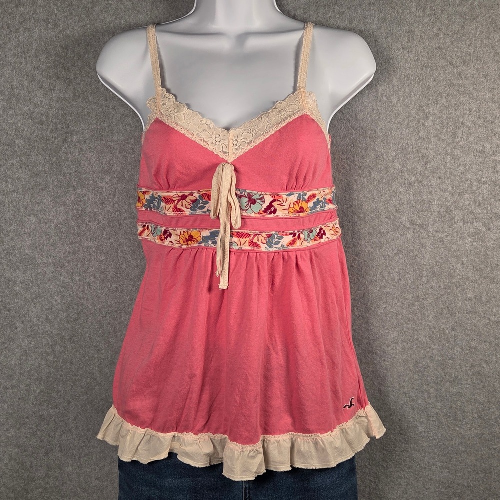 Y2K Hollister Medium Babydoll Cami Top Pink Floral Lace Trim Ruffle Coquette VTG - Picture 2 of 7